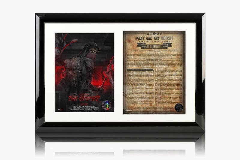 What Are The Odds Zombie Insurance certificate BOSS bosslogic Artwork design mounted next to the Zombie Insurance Policy Document on a white acid free mount and Professionally Framed in our Museum Grade luxury Gloss Frame in the colour Black