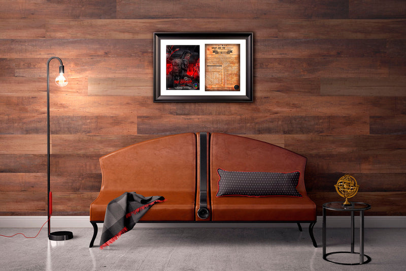 What Are The Odds Zombie Insurance BOSS bosslogic Artwork design professionally framed in our classic Black Swoop Frame Hanging on a luxurious wooden Feature wall inside a modern living room interior