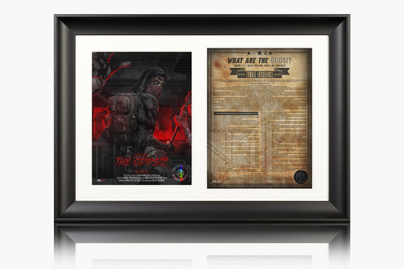 What Are The Odds Zombie Insurance certificate BOSS bosslogic Artwork design mounted next to the Zombie Insurance Policy Document on a white acid free mount and Professionally Framed in our Museum Grade classic Swoop Frame in the colour Black