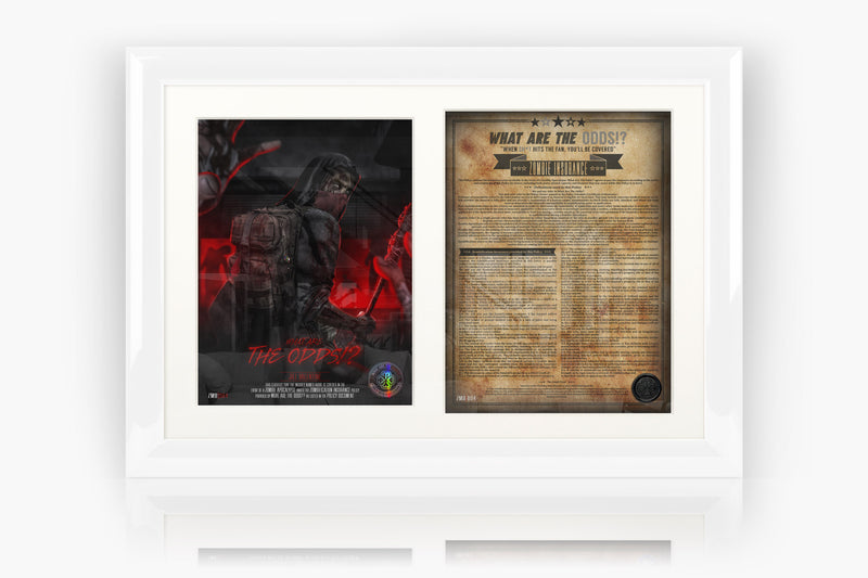 What Are The Odds Zombie Insurance certificate BOSS bosslogic Artwork design mounted next to the Zombie Insurance Policy Document on a white acid free mount and Professionally Framed in our Museum Grade luxury Gloss Frame in the colour White