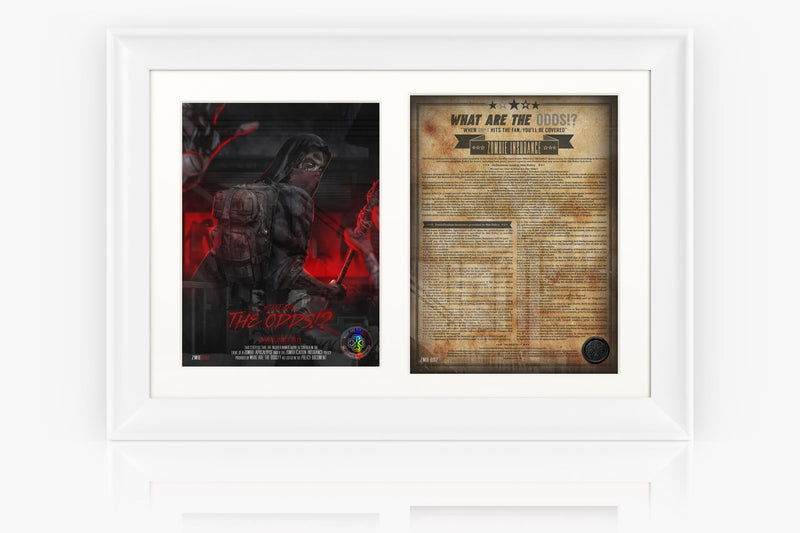 What Are The Odds Zombie Insurance certificate BOSS bosslogic Artwork design mounted next to the Zombie Insurance Policy Document on a white acid free mount and Professionally Framed in our Museum Grade classic Swoop Frame in the colour White