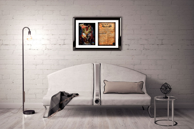 What Are The Odds Zombie Insurance MEXI mexifunk Artwork design professionally framed in our elegant Black Gloss Frame Hanging on a luxurious White Brick Feature wall inside a modern minimalist White living room interior