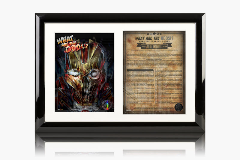 What Are The Odds Zombie Insurance certificate MEXI mexifunk Artwork design mounted next to the Zombie Insurance Policy Document on a white acid free mount and Professionally Framed in our Museum Grade luxury Gloss Frame in the colour Black