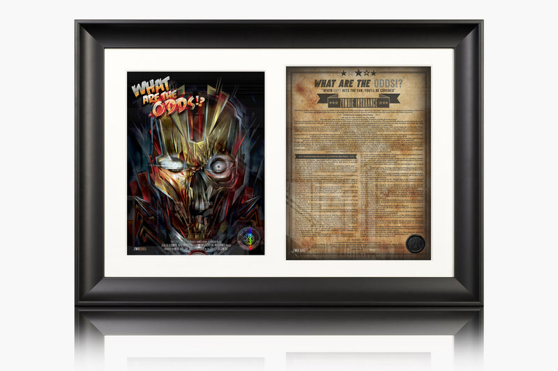 What Are The Odds Zombie Insurance certificate MEXI mexifunk Artwork design mounted next to the Zombie Insurance Policy Document on a white acid free mount and Professionally Framed in our Museum Grade classic Swoop Frame in the colour Black