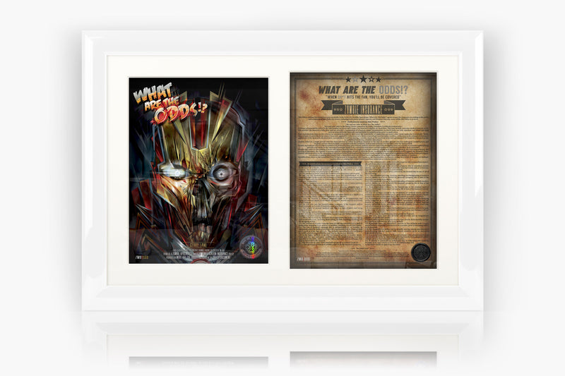 What Are The Odds Zombie Insurance certificate MEXI mexifunk Artwork design mounted next to the Zombie Insurance Policy Document on a white acid free mount and Professionally Framed in our Museum Grade luxury Gloss Frame in the colour White