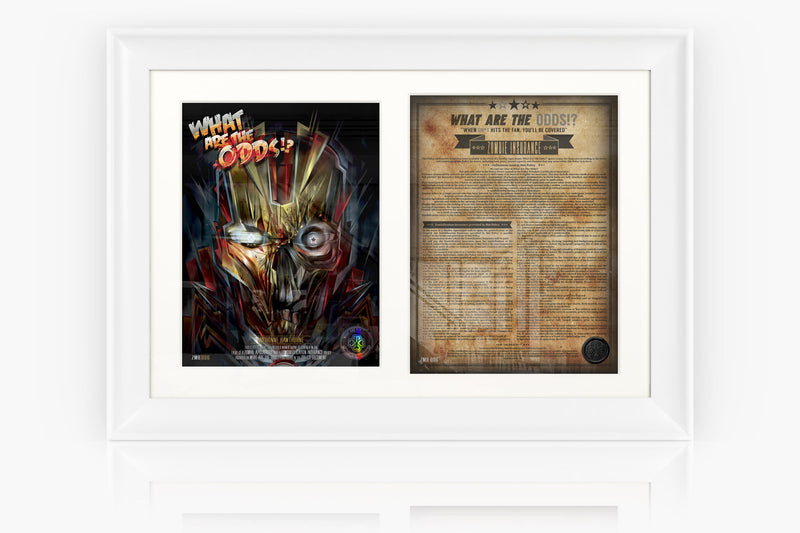 What Are The Odds Zombie Insurance certificate MEXI mexifunk Artwork design mounted next to the Zombie Insurance Policy Document on a white acid free mount and Professionally Framed in our Museum Grade classic Swoop Frame in the colour White